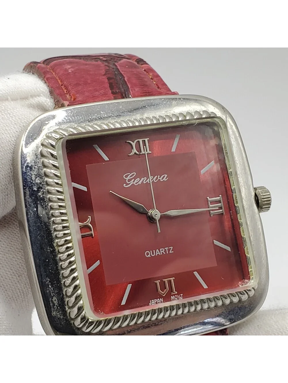 Geneva Womens Watch  40mm Red Dial Leather Band Square New Battery